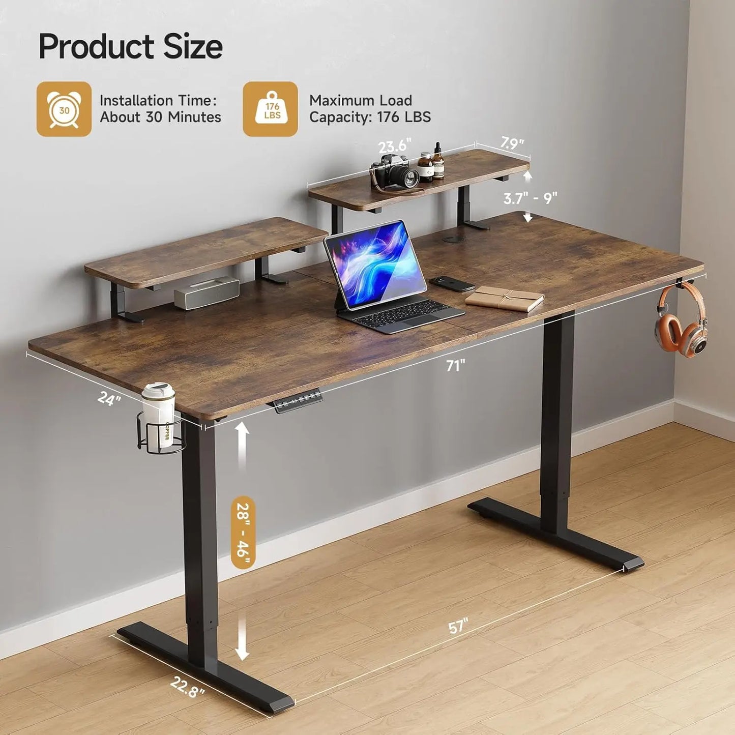 ONBRILL Electric Standing Desk With Adjustable Height And Monitor Shelves