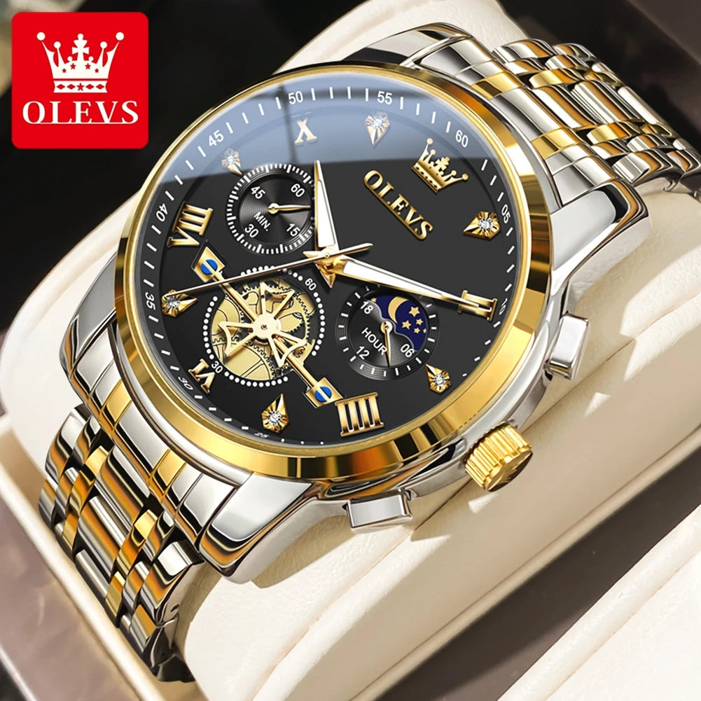 OLEVS Men's Multifunction Chronograph Moon Phase Stainless Steel Watch