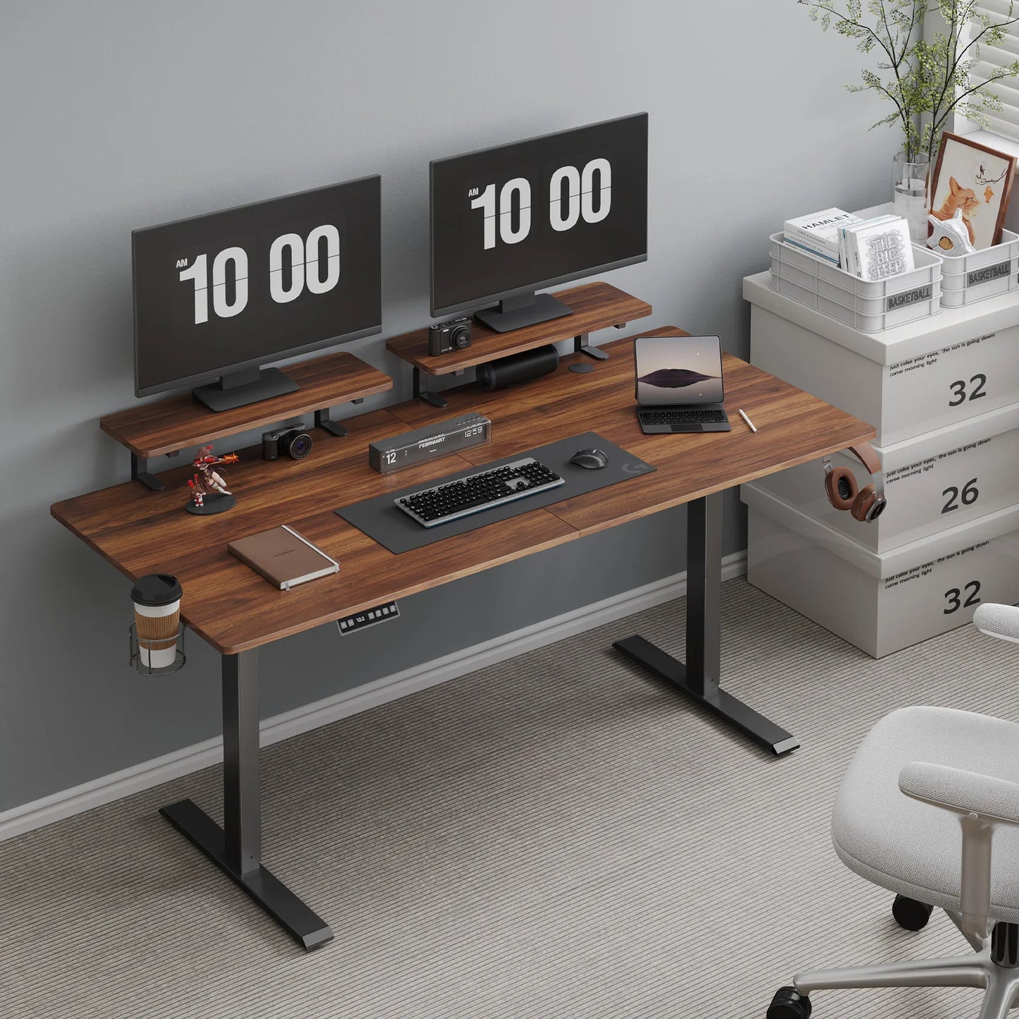 ONBRILL Electric Standing Desk With Adjustable Height And Monitor Shelves