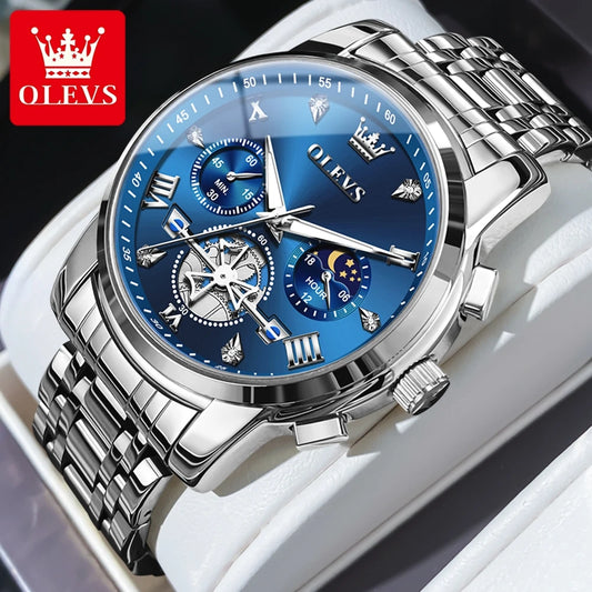 Olevs Fltwheel Chronograph Multifunction Quartz Wristwatch Moon Phase Water Resistant
