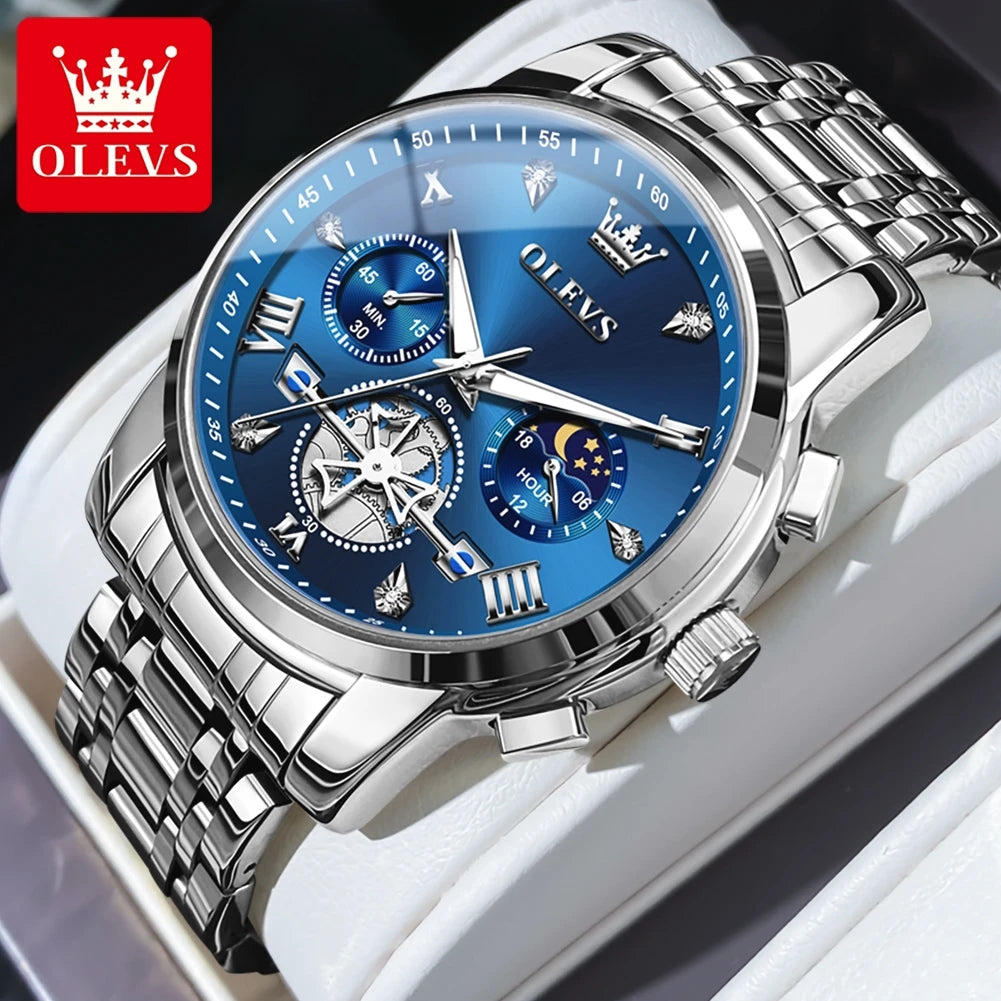 OLEVS Men's Multifunction Chronograph Moon Phase Stainless Steel Watch