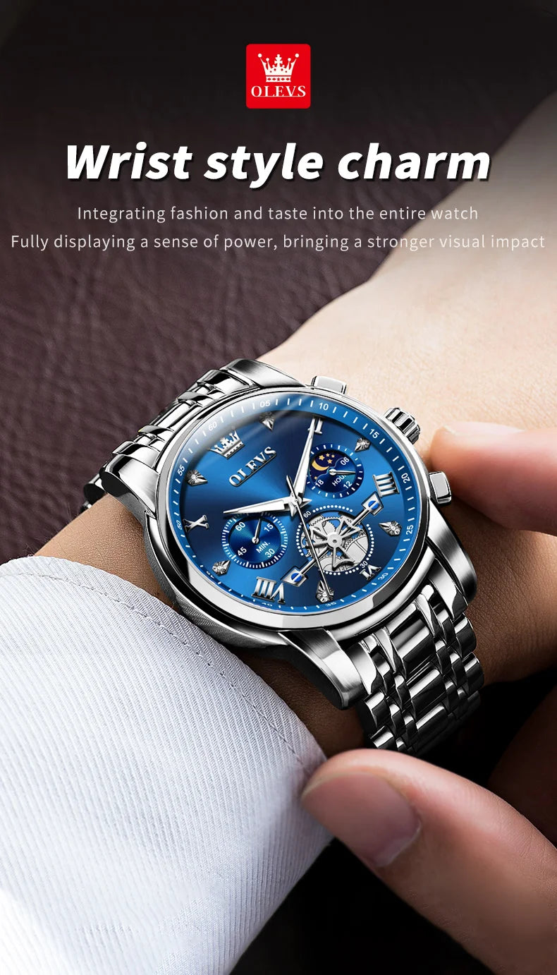 OLEVS Men's Multifunction Chronograph Moon Phase Stainless Steel Watch