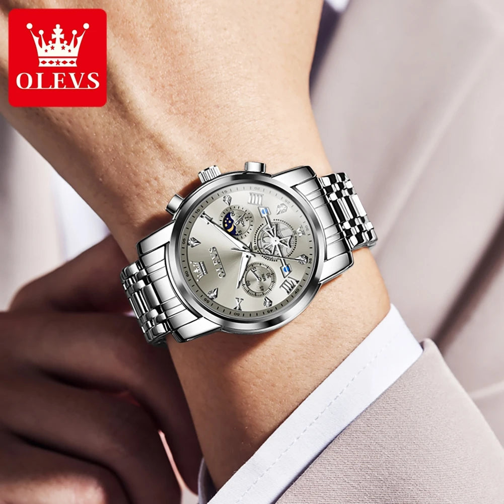 OLEVS Men's Multifunction Chronograph Moon Phase Stainless Steel Watch