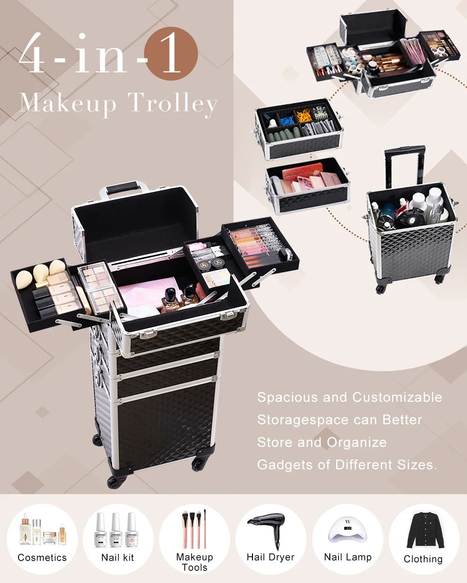 MaxuleneCN Makeup Trolley Case 4 In 1 Alloy On Wheels
