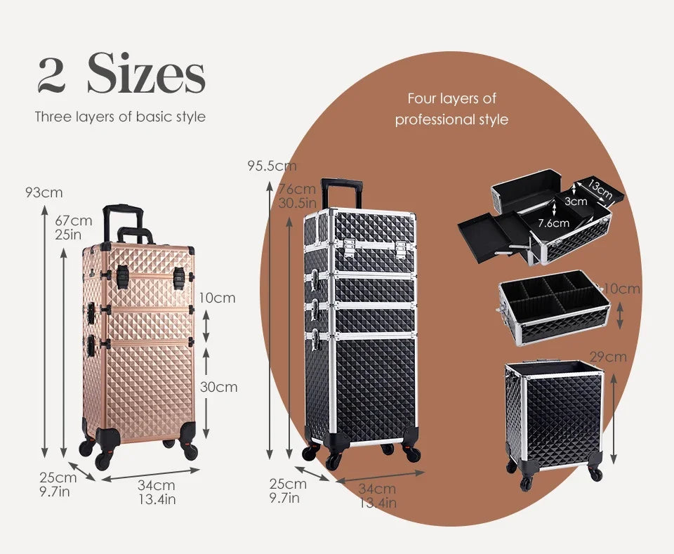 MaxuleneCN Makeup Trolley Case 4 In 1 Alloy On Wheels