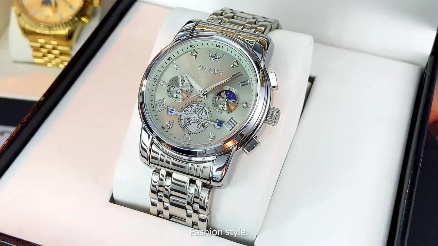 OLEVS Men's Multifunction Chronograph Moon Phase Stainless Steel Watch