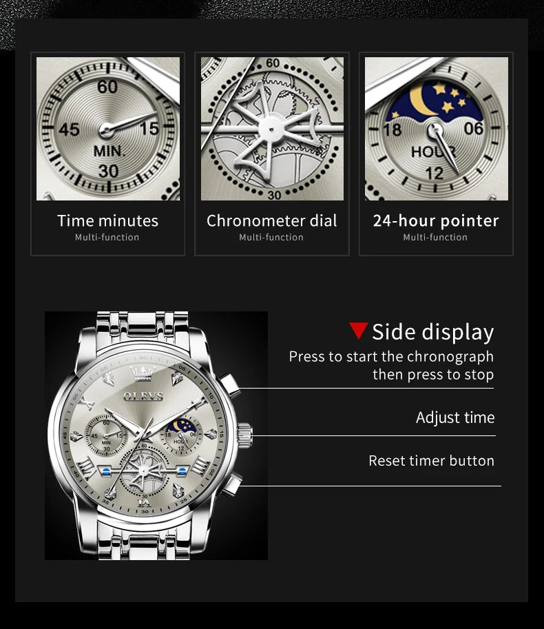 OLEVS Men's Multifunction Chronograph Moon Phase Stainless Steel Watch