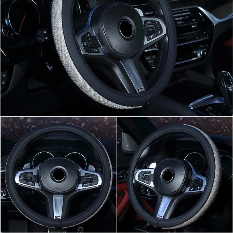Choice Rhinestones Leather Steering Wheel Cover With Bling Crystal Diamond Car Interior Decoration