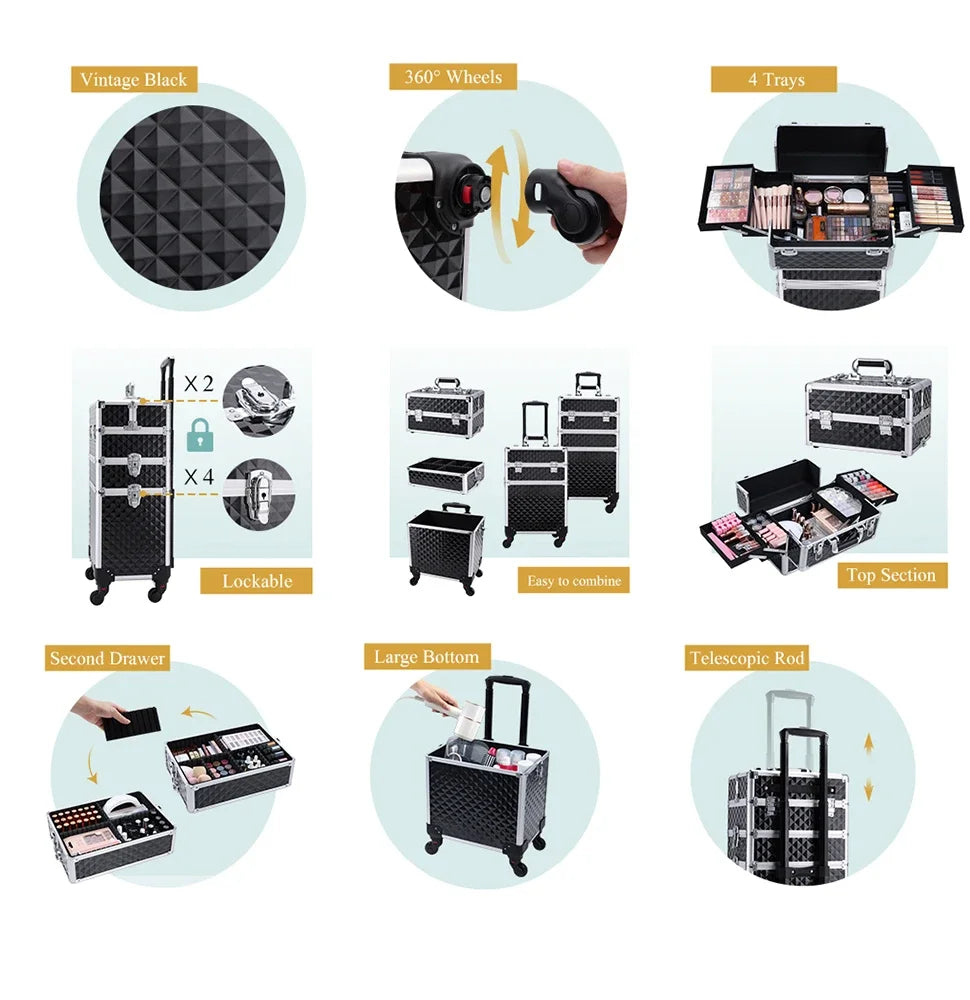 Maxulene Rolling Makeup Case 3 In 1 Removable On Wheels