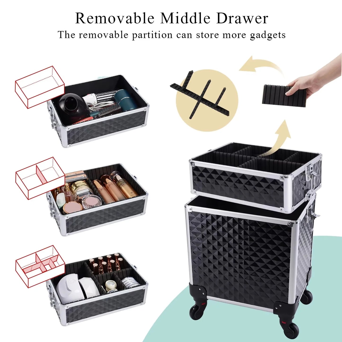 Maxulene Rolling Makeup Case 3 In 1 Removable On Wheels