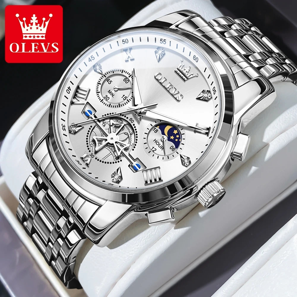 OLEVS Men's Multifunction Chronograph Moon Phase Stainless Steel Watch
