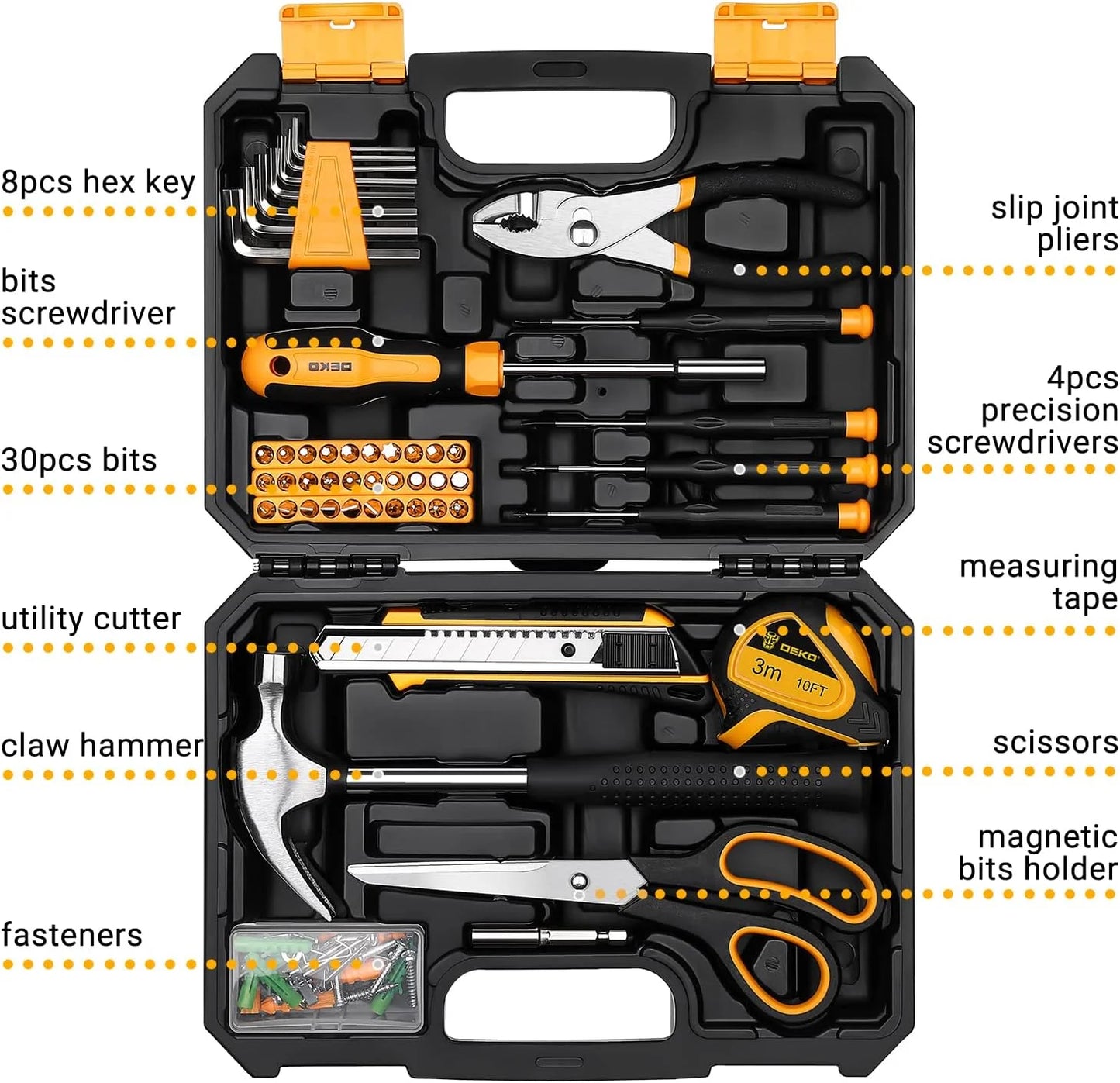 DEKODIY General Household Hand Tool Kit With Plastic Toolbox Storage Case All Purpose Home Tool 50 Piece