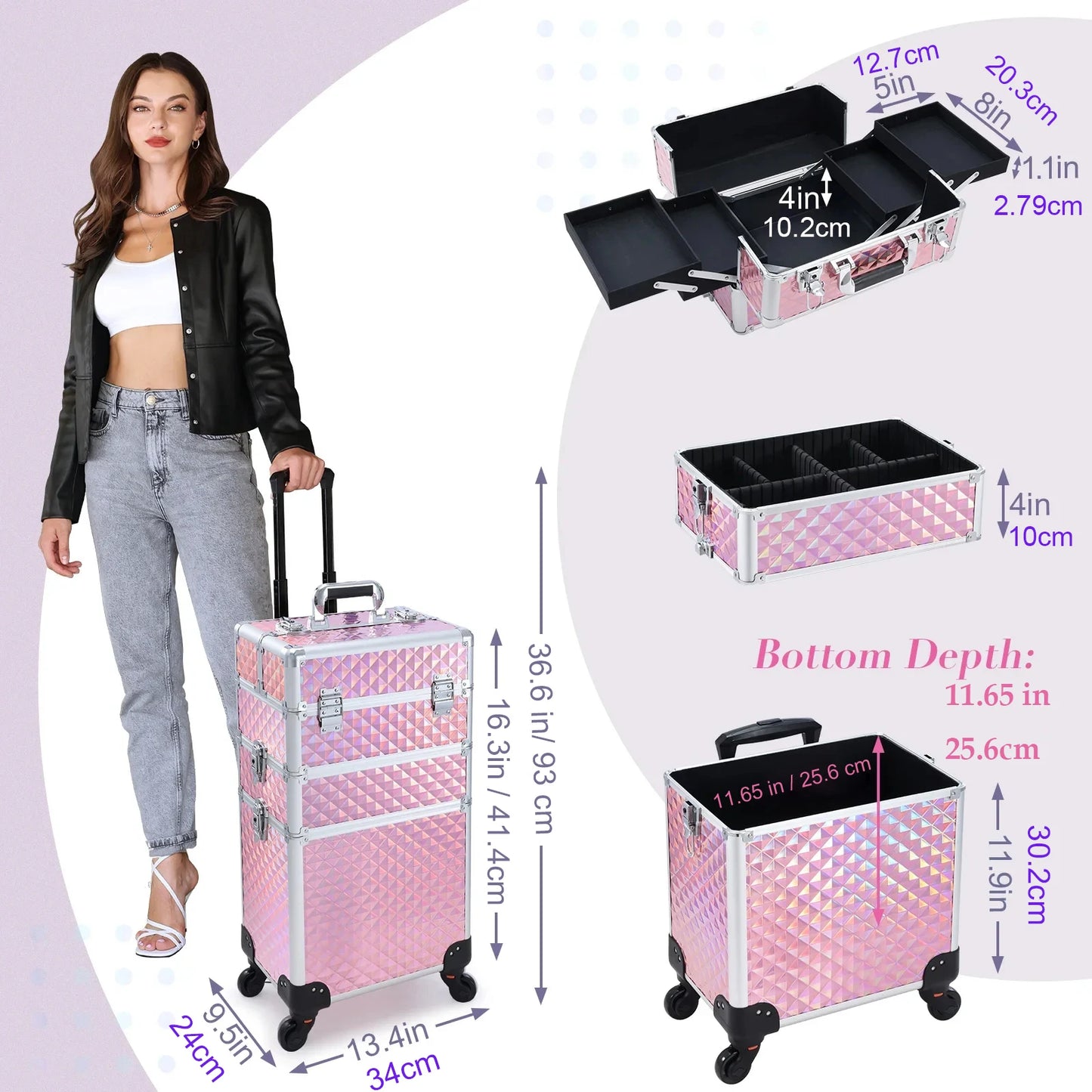 Maxulene Rolling Makeup Case 3 In 1 Removable On Wheels