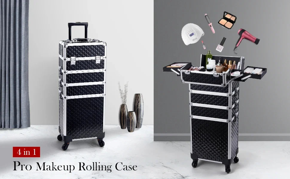 MaxuleneCN Makeup Trolley Case 4 In 1 Alloy On Wheels