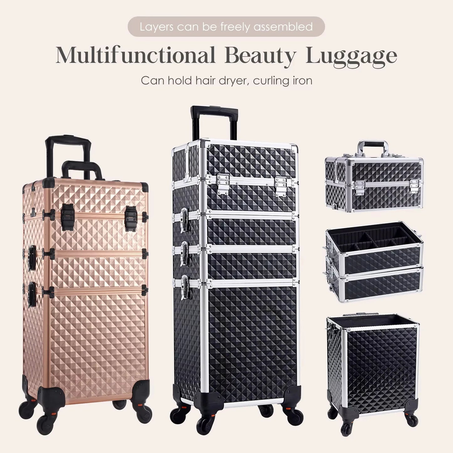 MaxuleneCN Makeup Trolley Case 4 In 1 Alloy On Wheels