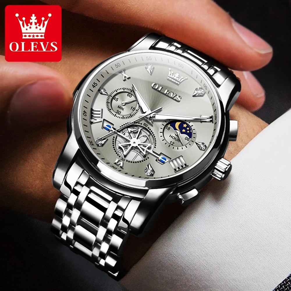 Olevs Fltwheel Chronograph Multifunction Quartz Wristwatch Moon Phase Water Resistant