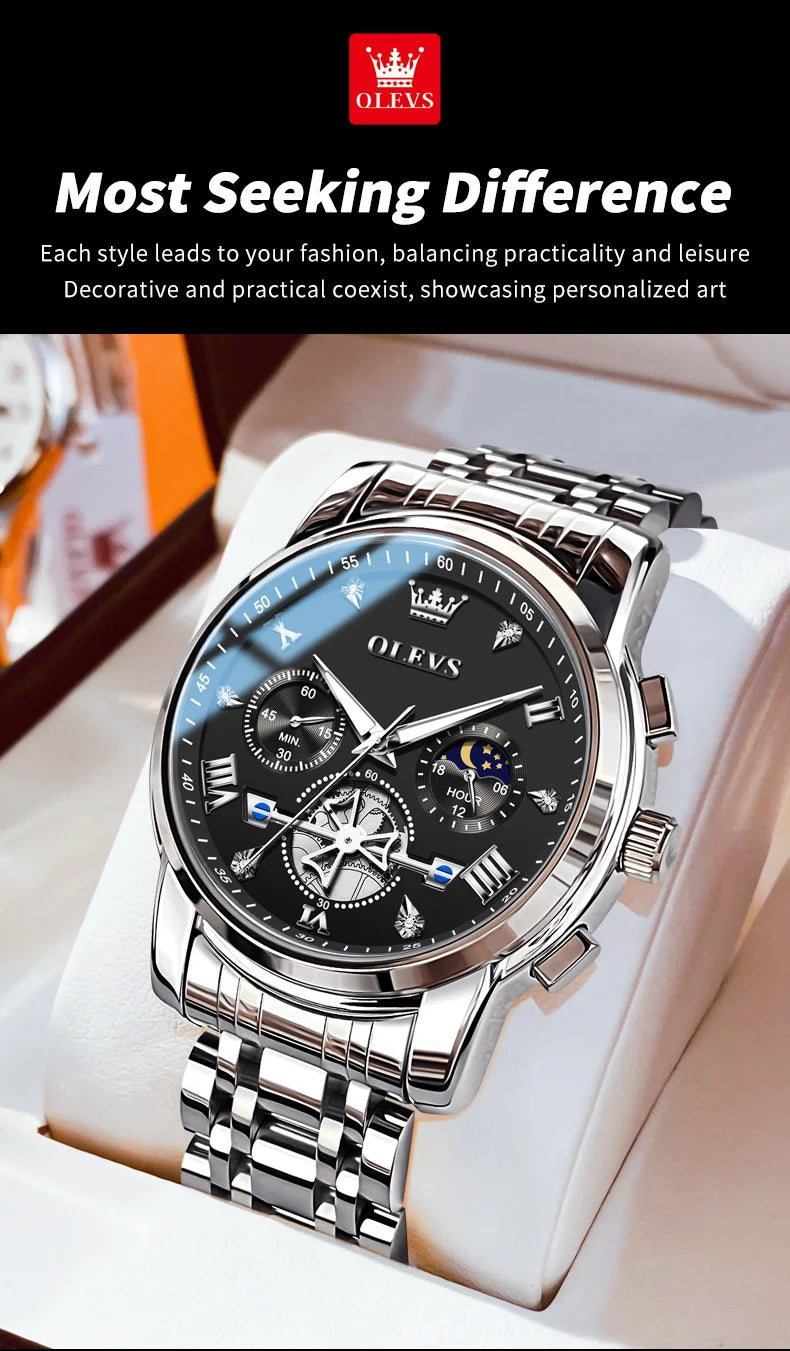 OLEVS Men's Multifunction Chronograph Moon Phase Stainless Steel Watch