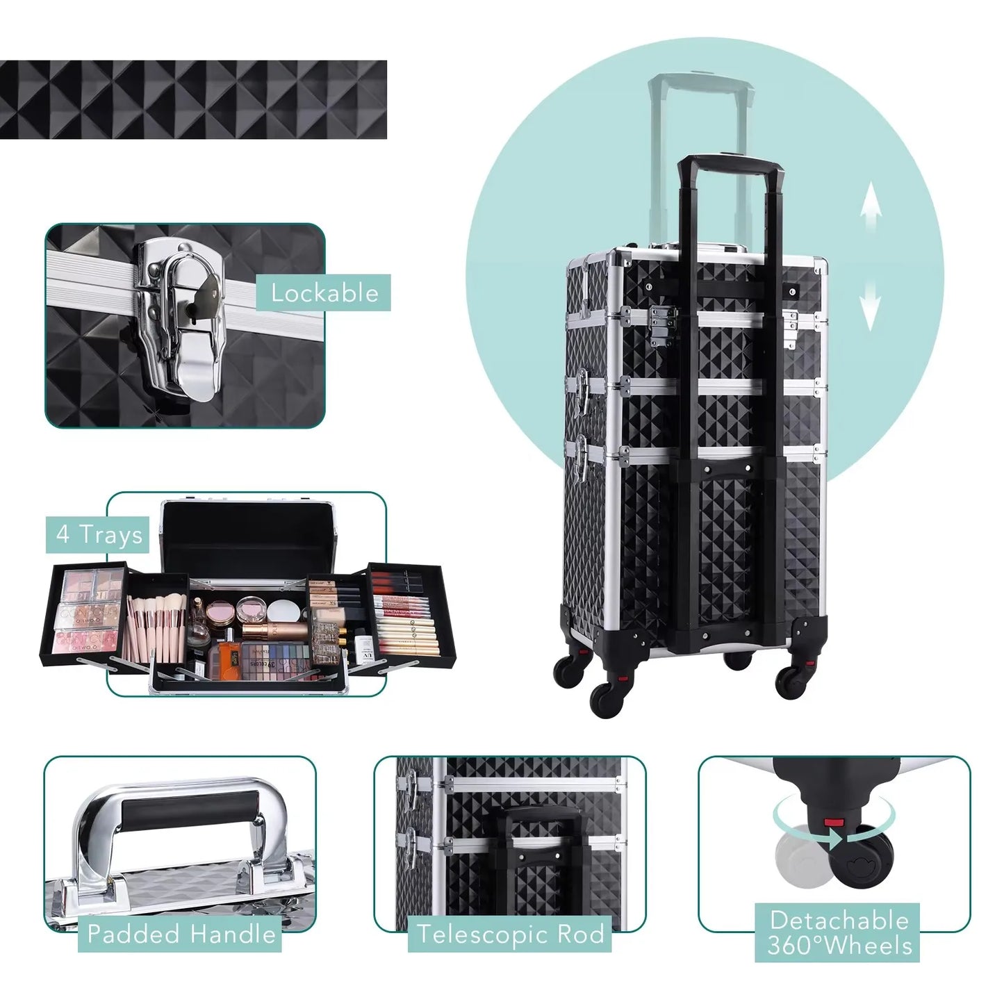 Maxulene Rolling Makeup Case 3 In 1 Removable On Wheels
