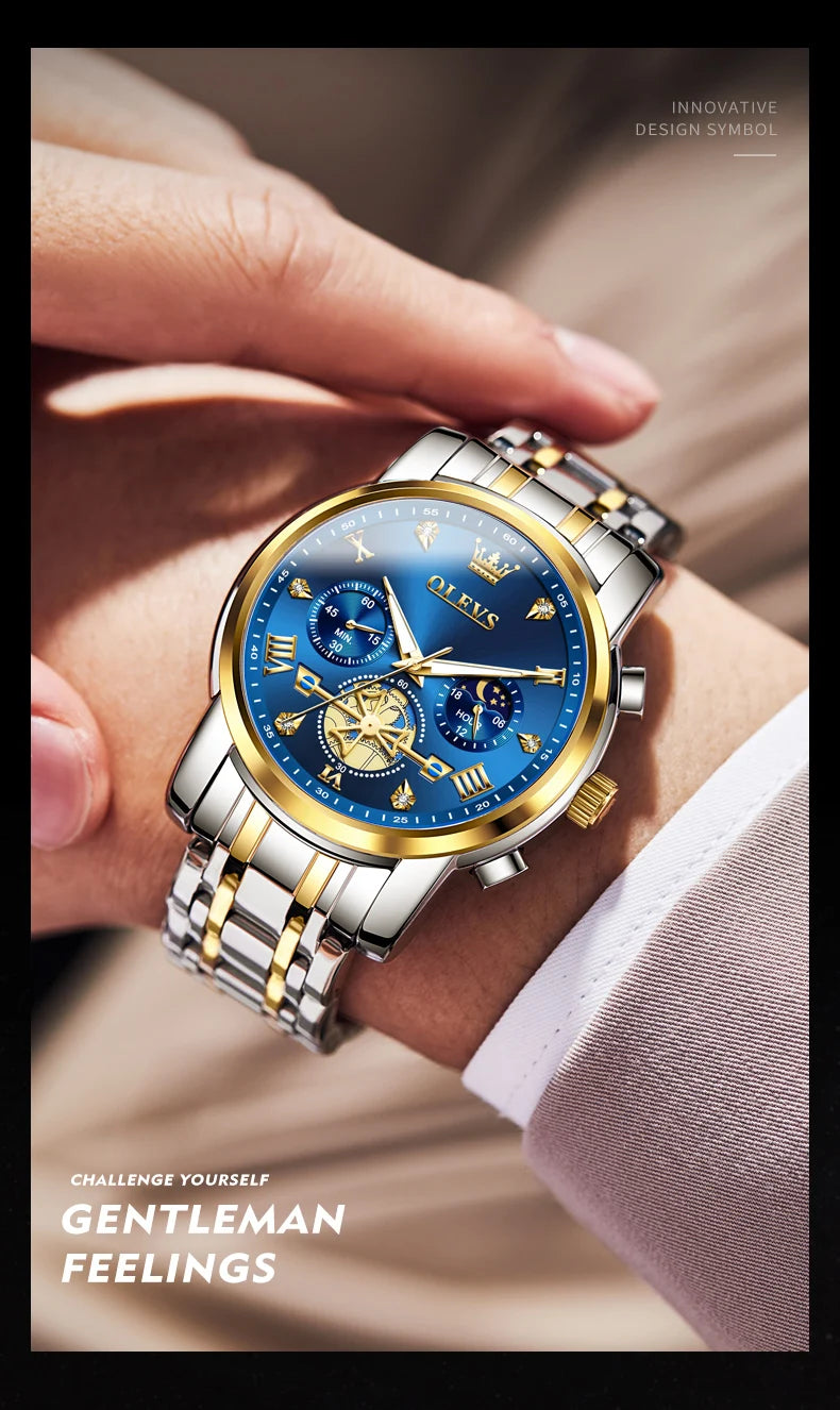OLEVS Men's Multifunction Chronograph Moon Phase Stainless Steel Watch