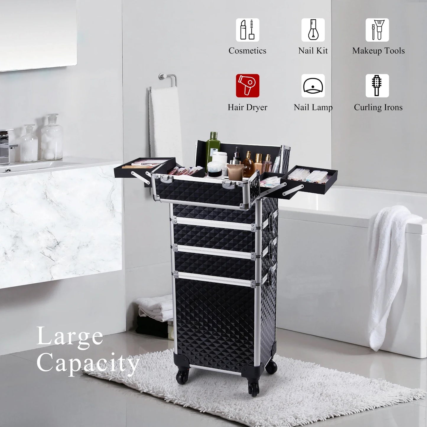 MaxuleneCN Makeup Trolley Case 4 In 1 Alloy On Wheels